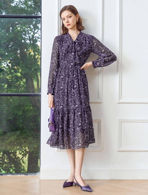 Purple Floral Tie-Neck Midi Dress