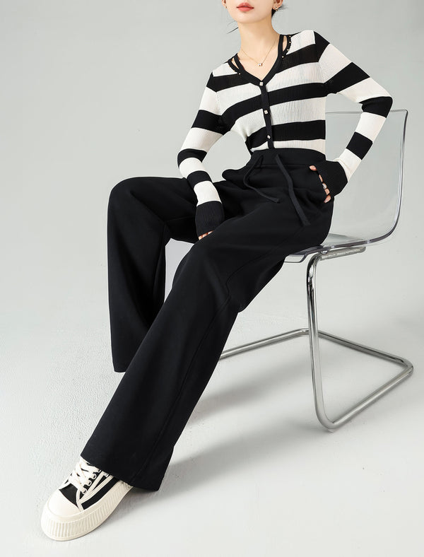 Stylish Black Drawstring Wide Leg Pants