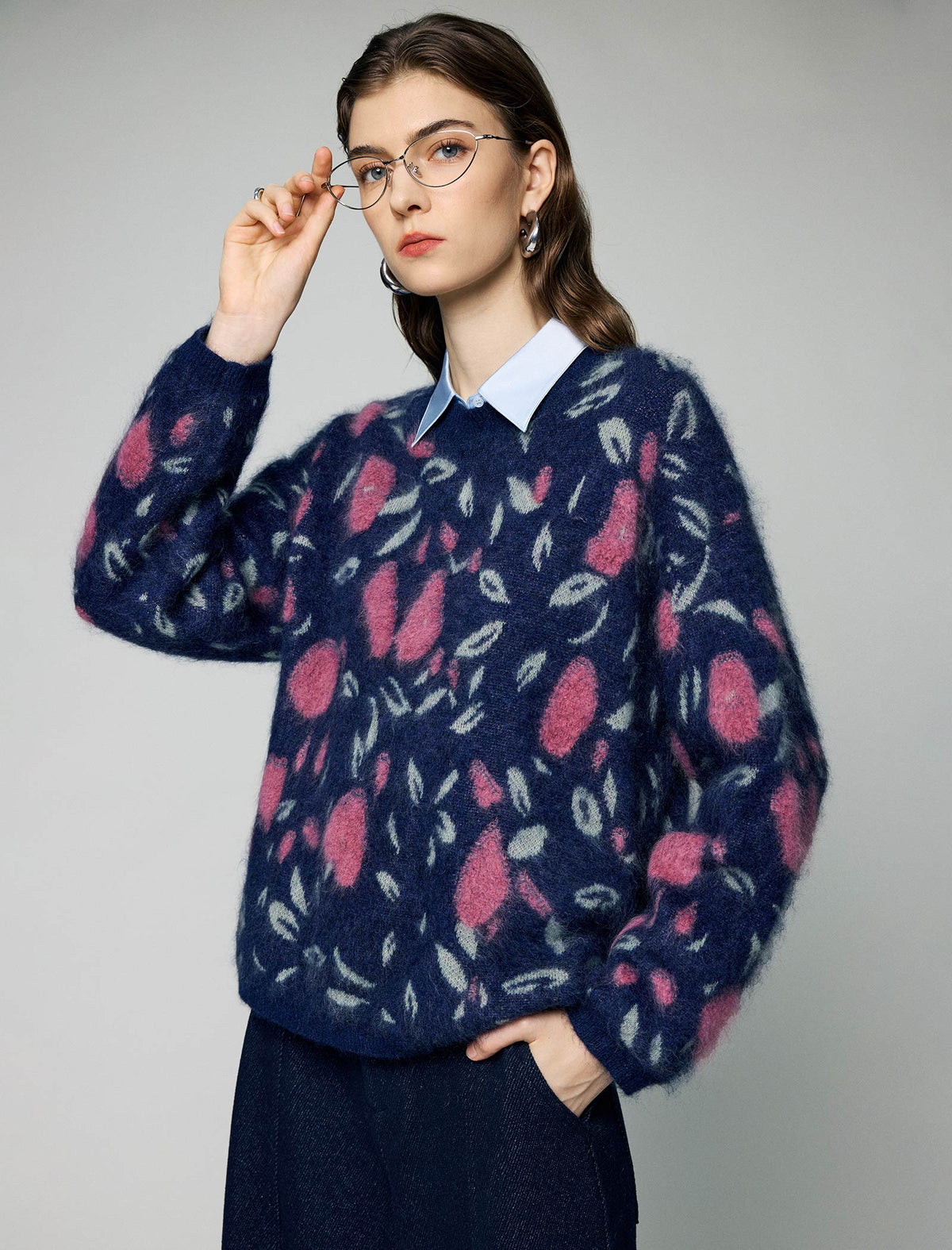Wool and Mulberry Silk Blend Floral Jacquard Crewneck Relaxed Sweater