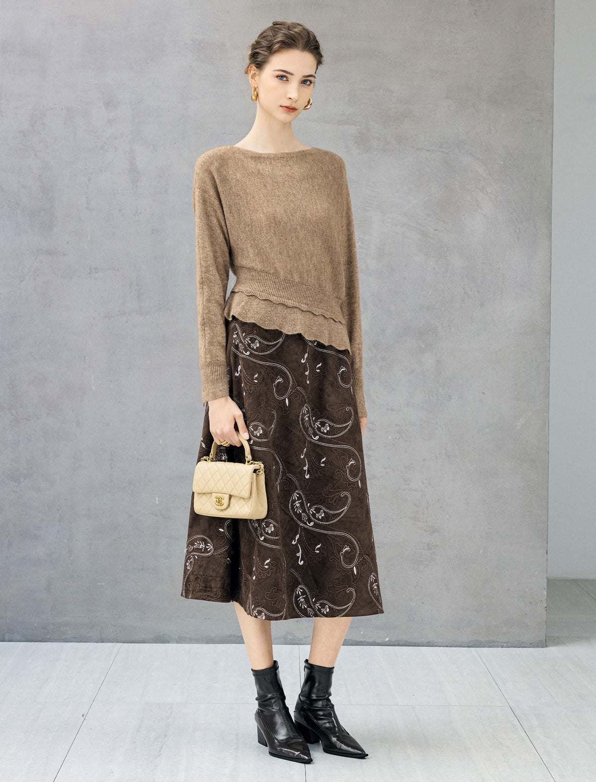 Wool Blend Ruched Boatneck Drop-Shoulder Sweater