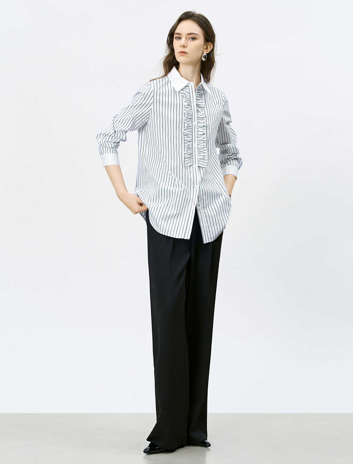 Stripe Ruffle Front Cotton Shirt