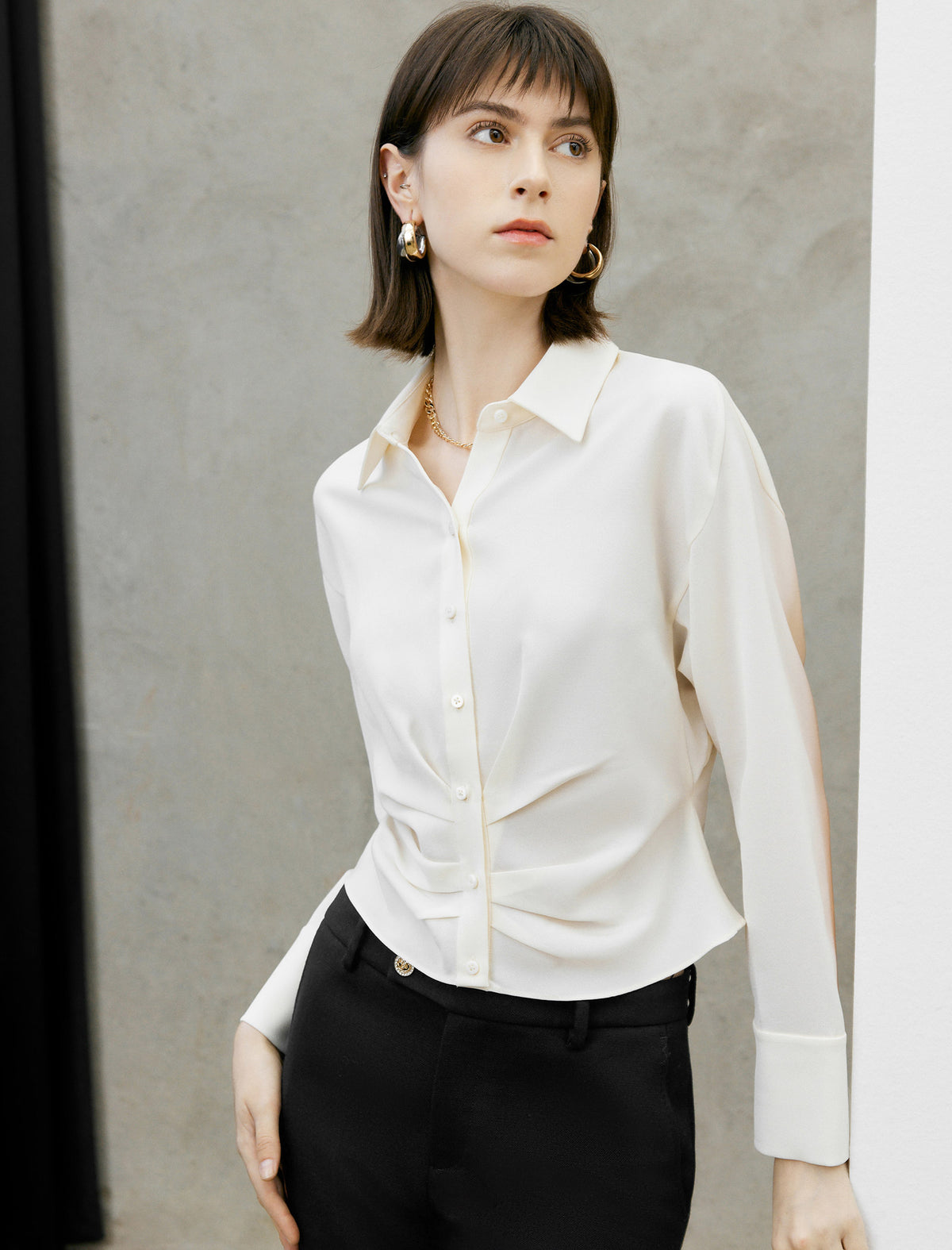 White Polo Collar Cropped Shirt Blouse