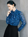Blue Floral Print Tie Neck Long Sleeve Chiffon Blouse