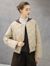 Diamond-Quilted Baseball-Collar Drawstring Cropped Puffer Jacket