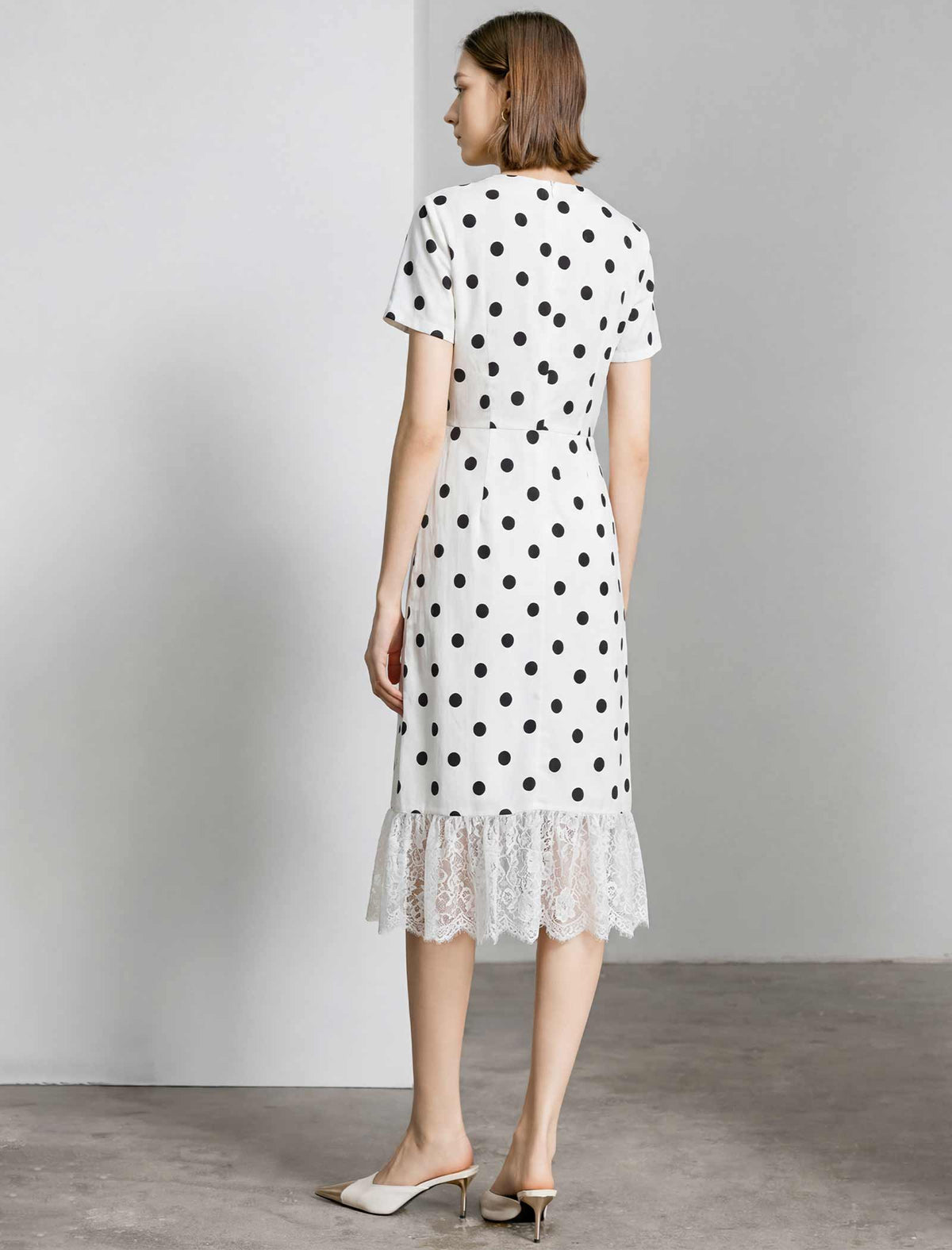 Tencel Polka Dot Lace V-Neck Short Sleeve Midi Dress