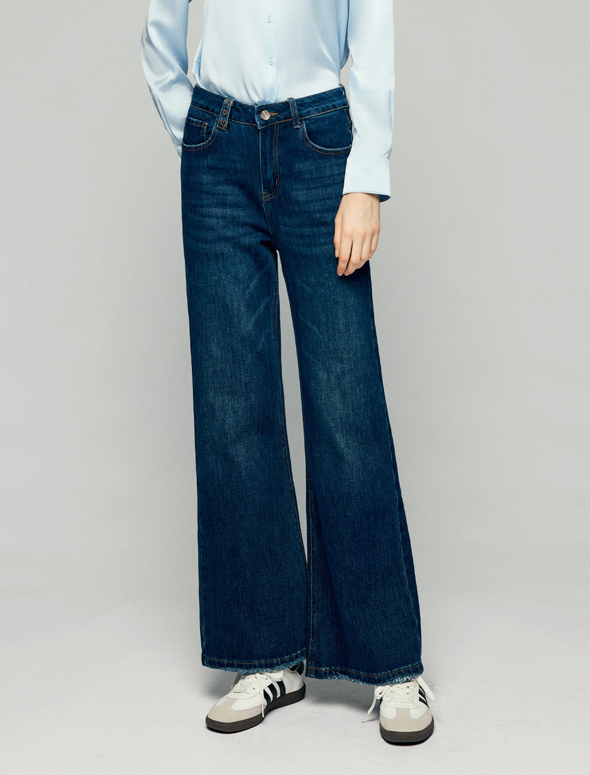 Heart-Detail High-Waist Fringe-Hem Wide-Leg Jeans