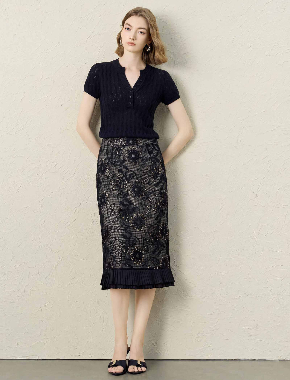 Lace Sequined Pencil Midi Skirt