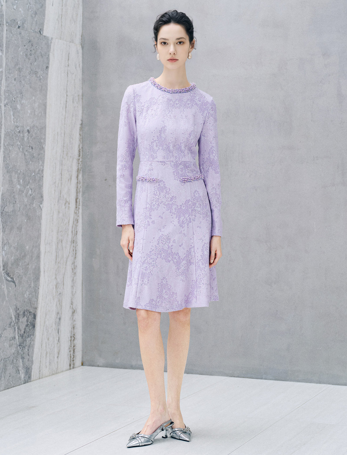 Floral Jacquard Pearl Trim Long Sleeve Mermaid Dress