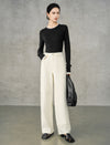 Wool Blend Contrast Trim Crewneck Fitted Long Sleeve Top