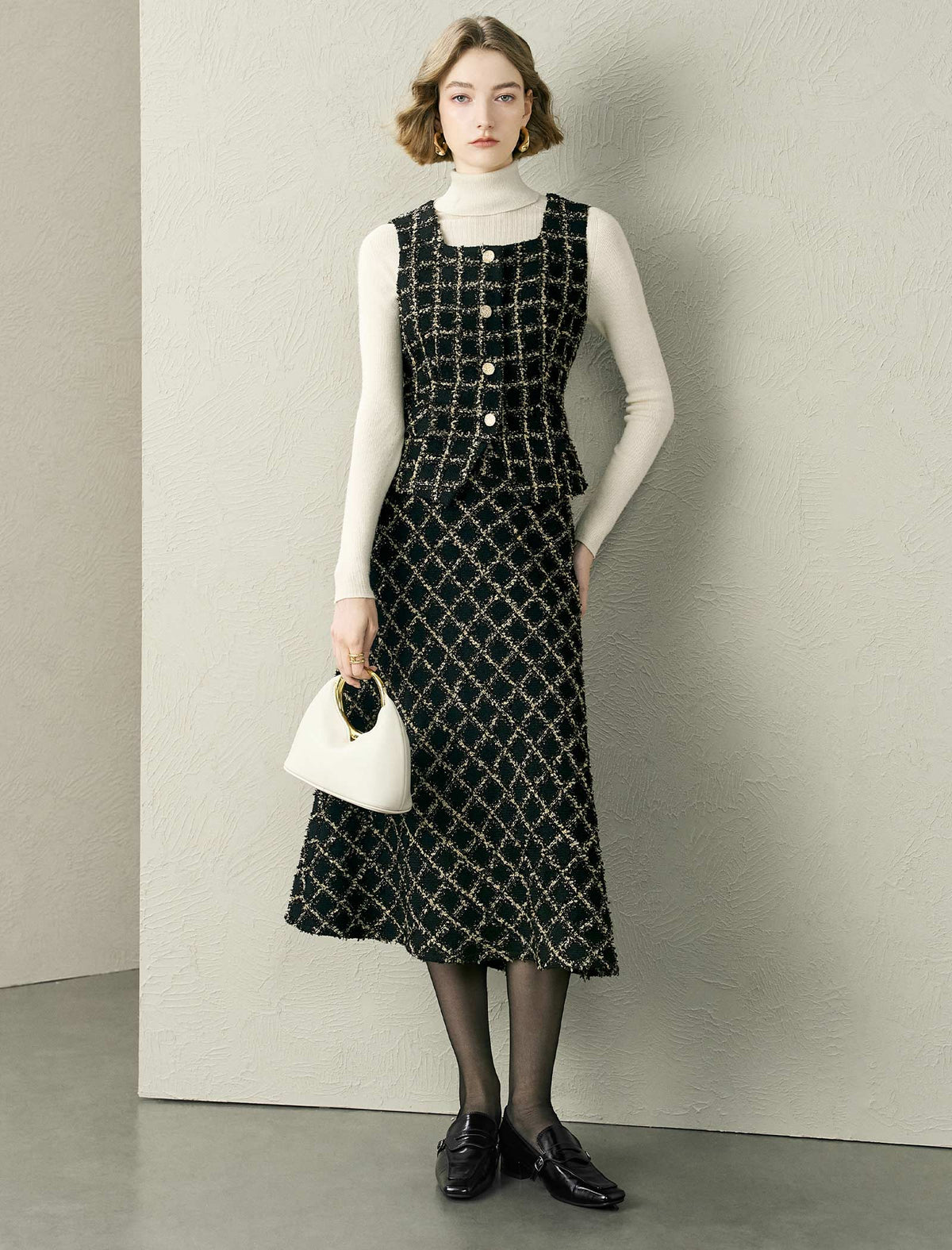 Tweed A-Line Check Midi Skirt