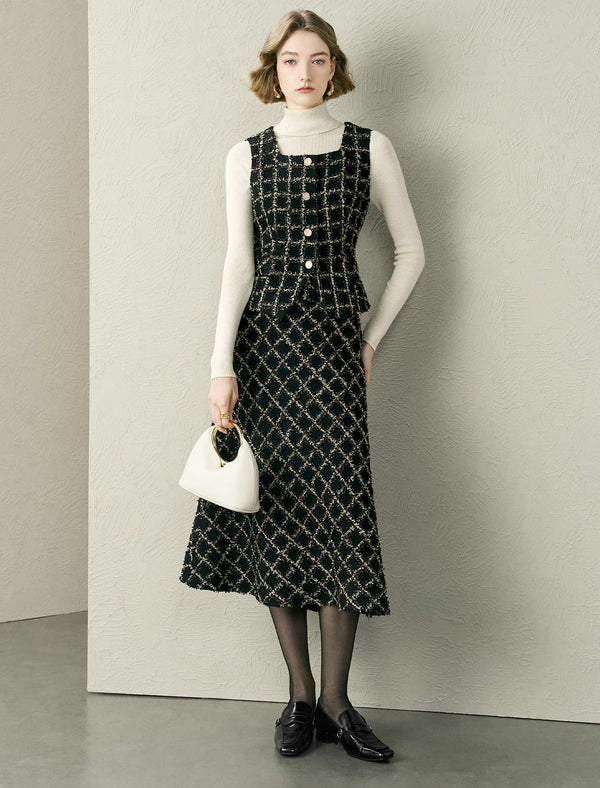 Tweed A-Line Check Midi Skirt