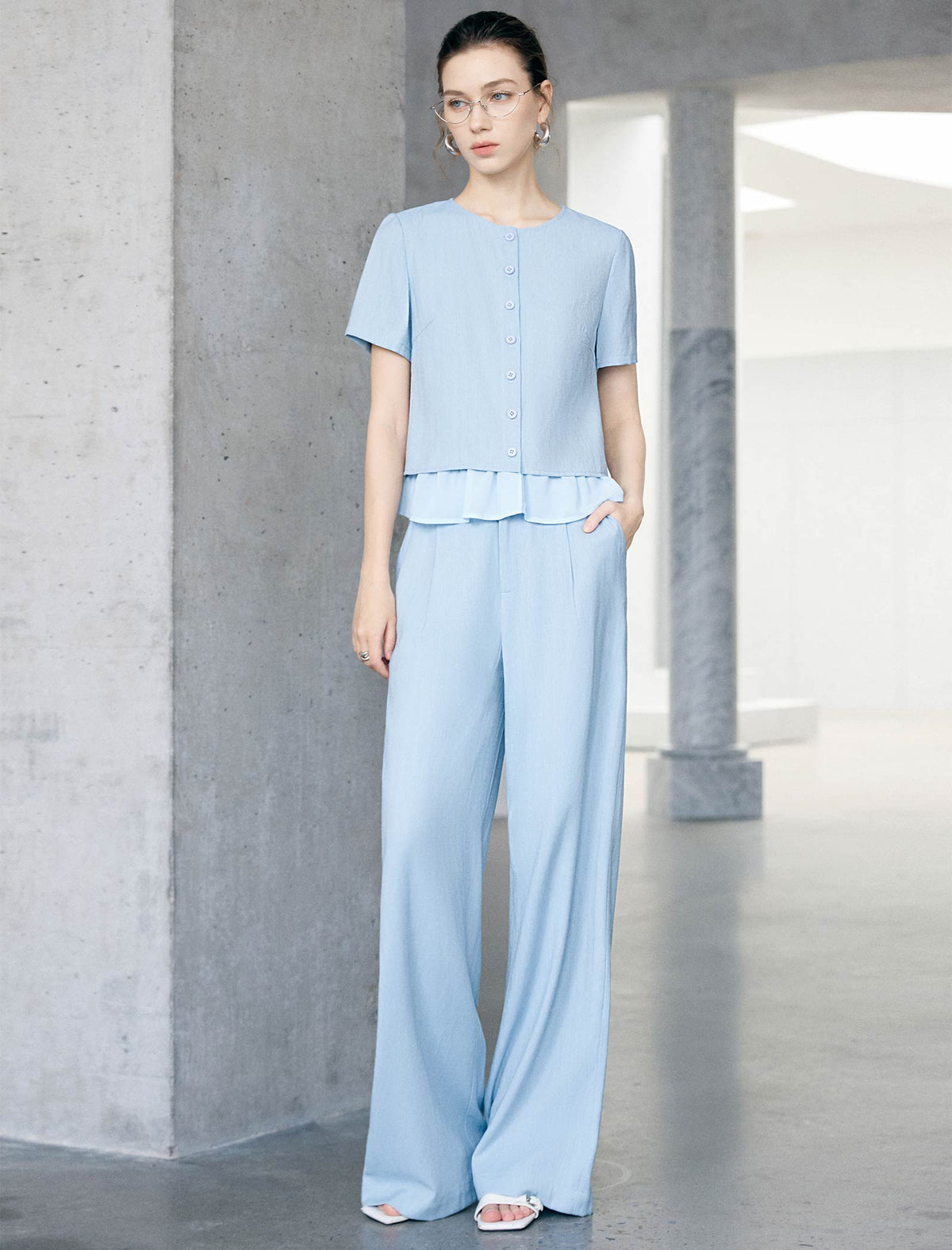 Light Blue Ruffle-Hem Short Sleeve Blouse
