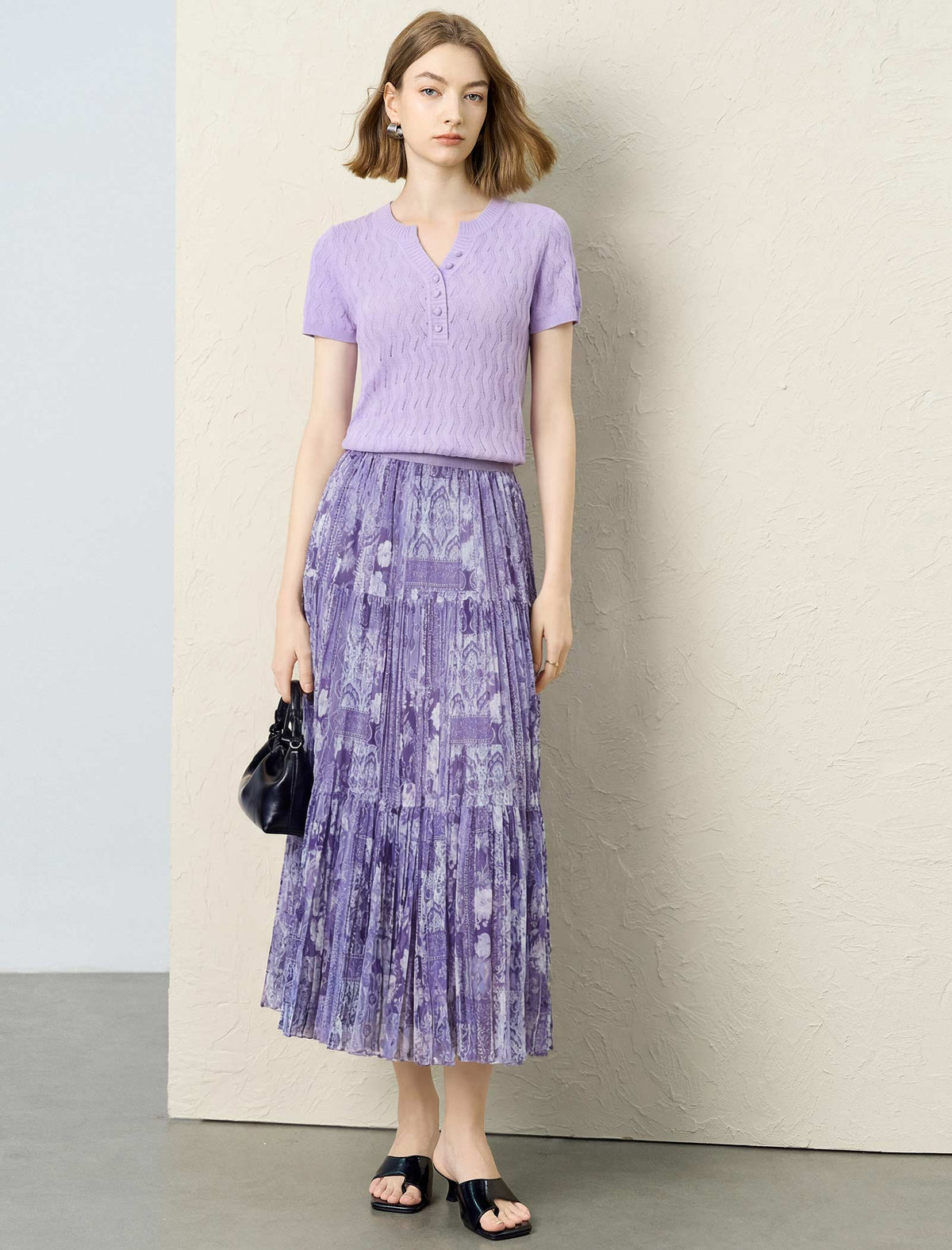 Purple Paisley Print Tiered Midi Skirt