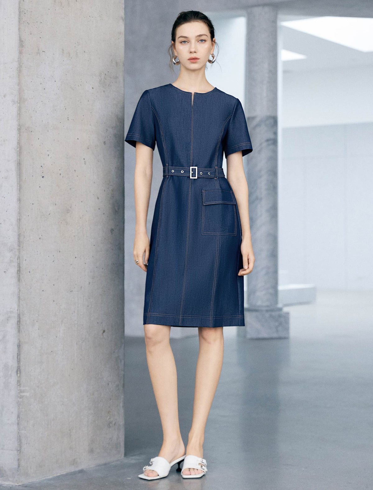 Belted Short Sleeve Denim Sheath Mini Dress