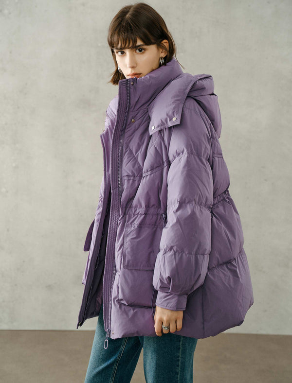 Zip-Front Drawstring Waist Hooded Down Jacket