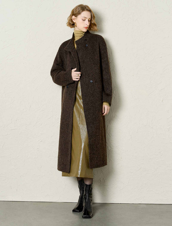 Textured Wool-Alpaca Blend Stand Collar Long Coat