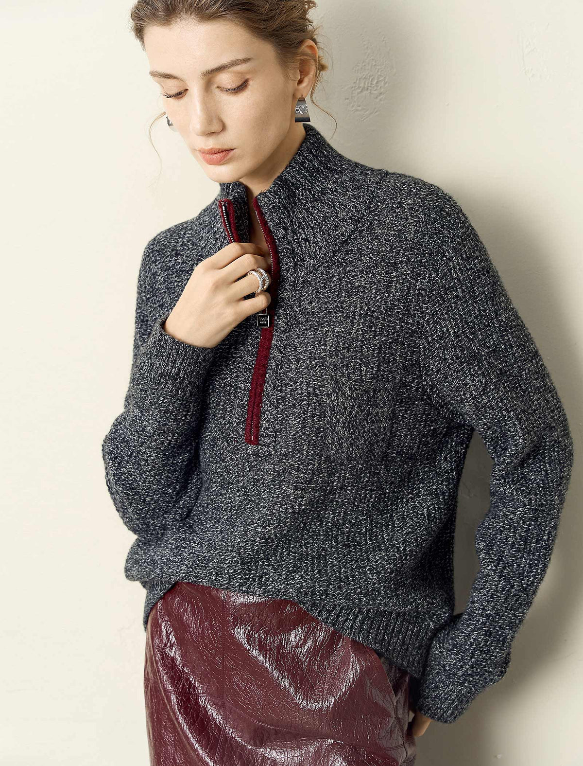 Contrast Trim Half-Zip Mock Neck Sweater