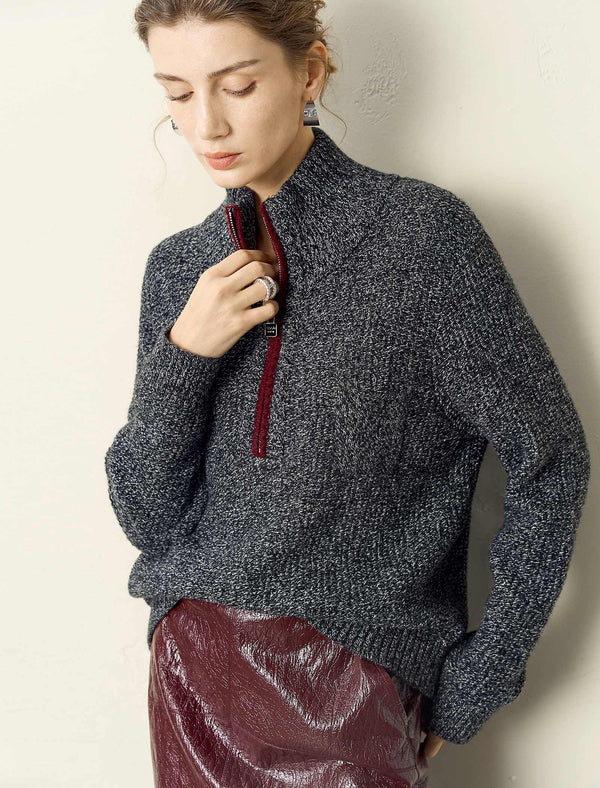 Contrast Trim Half-Zip Mock Neck Sweater