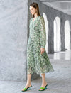 Abstract Print V-Neck Pleated Midi Dress