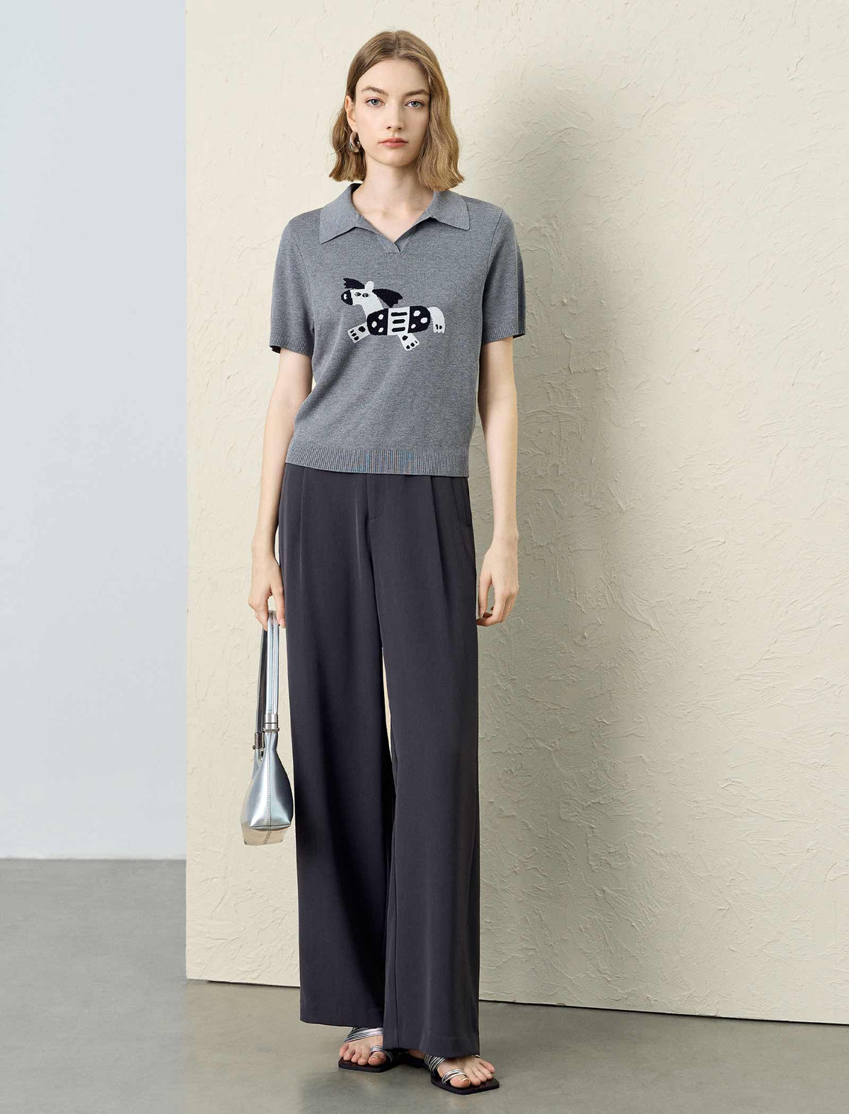 Dog Jacquard Polo Collar Knit Top