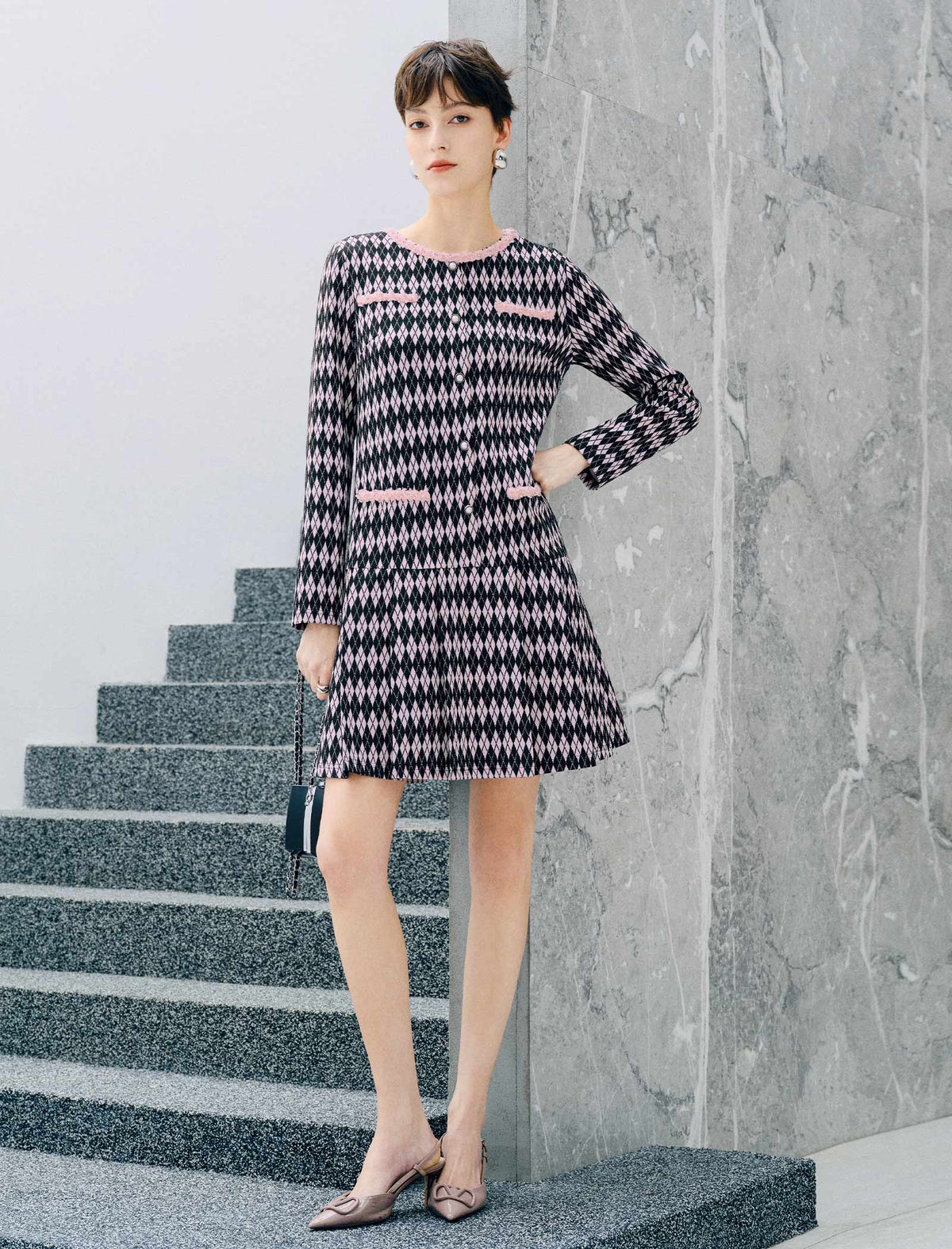 Geometric Plaid Pearl Button Long Sleeve Dress