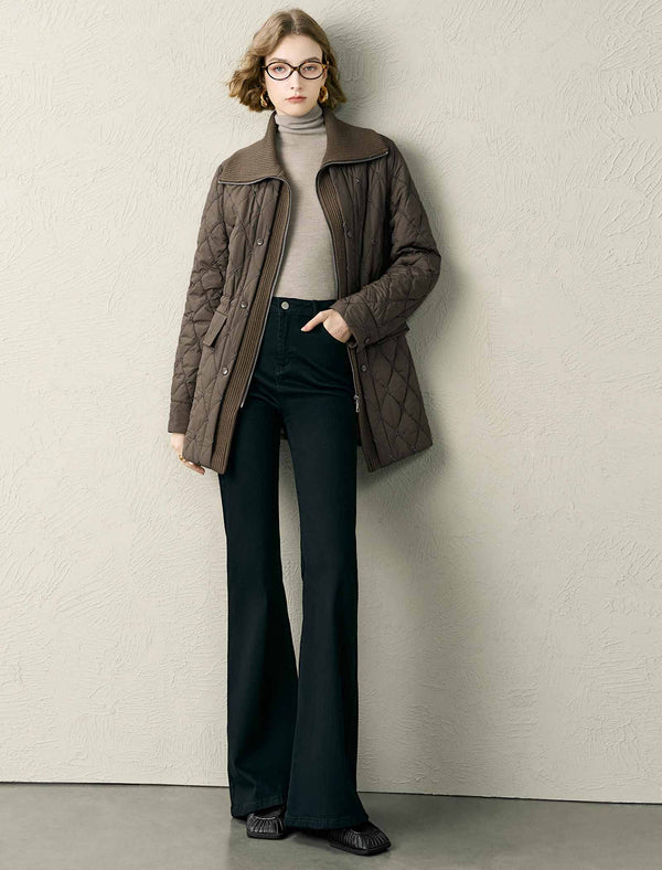 Brown Knit Collar Quilted Jacket