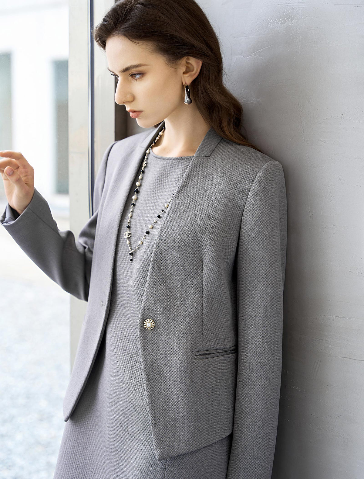 Grey Cropped Collarless Blazer