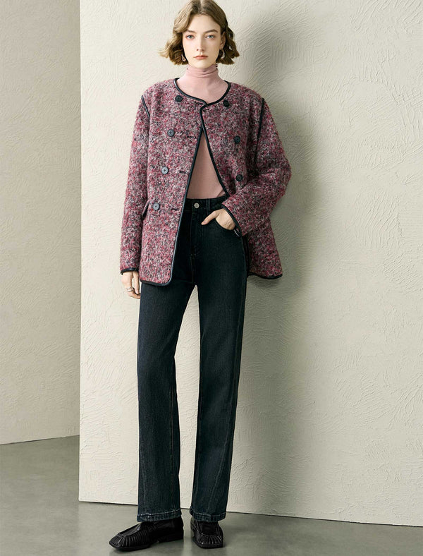 Tweed Wool-Blend Faux Leather Trim Jacket