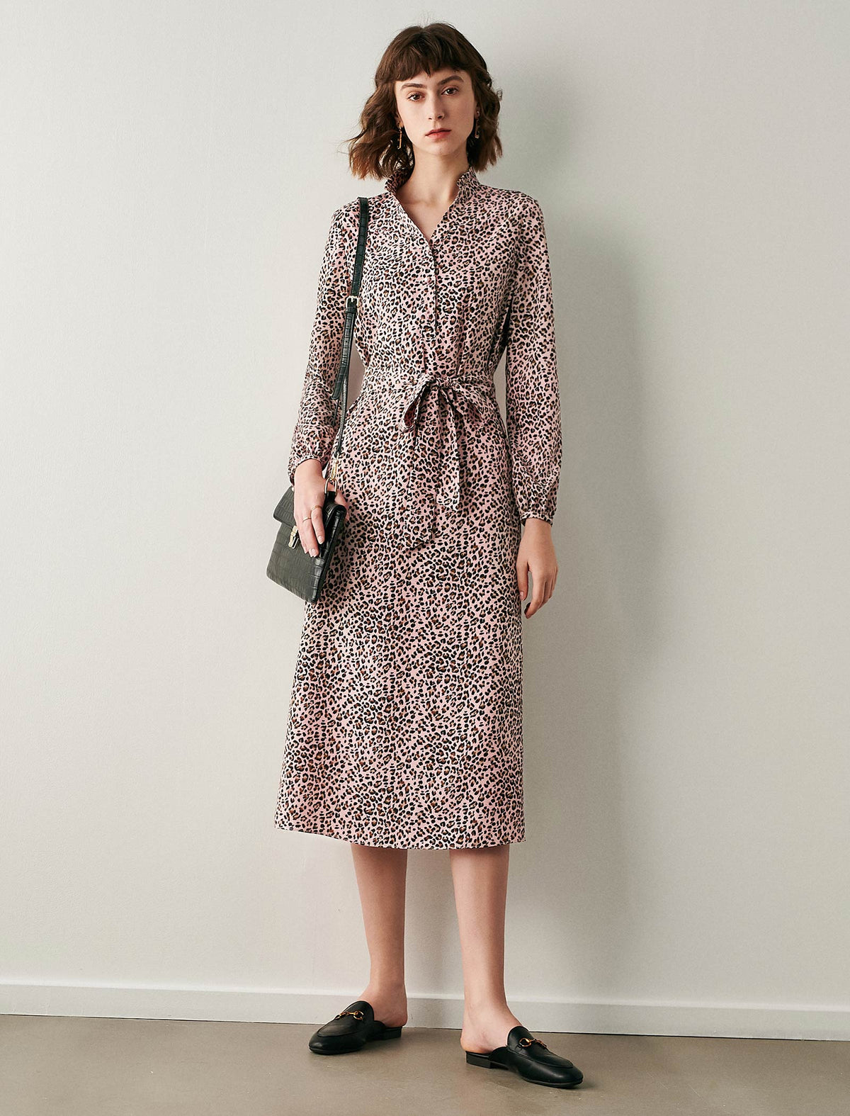 Leopard Print Long Sleeve Belted Fitted Dress