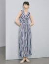 Sleeveless V Neck Watercolor Stripe Wrap Midi Dress