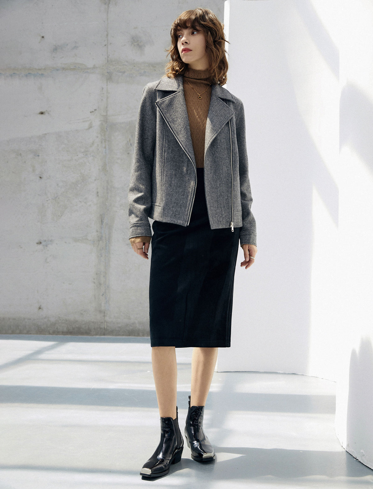 Wool Blend Zip-Front Cropped Jacket