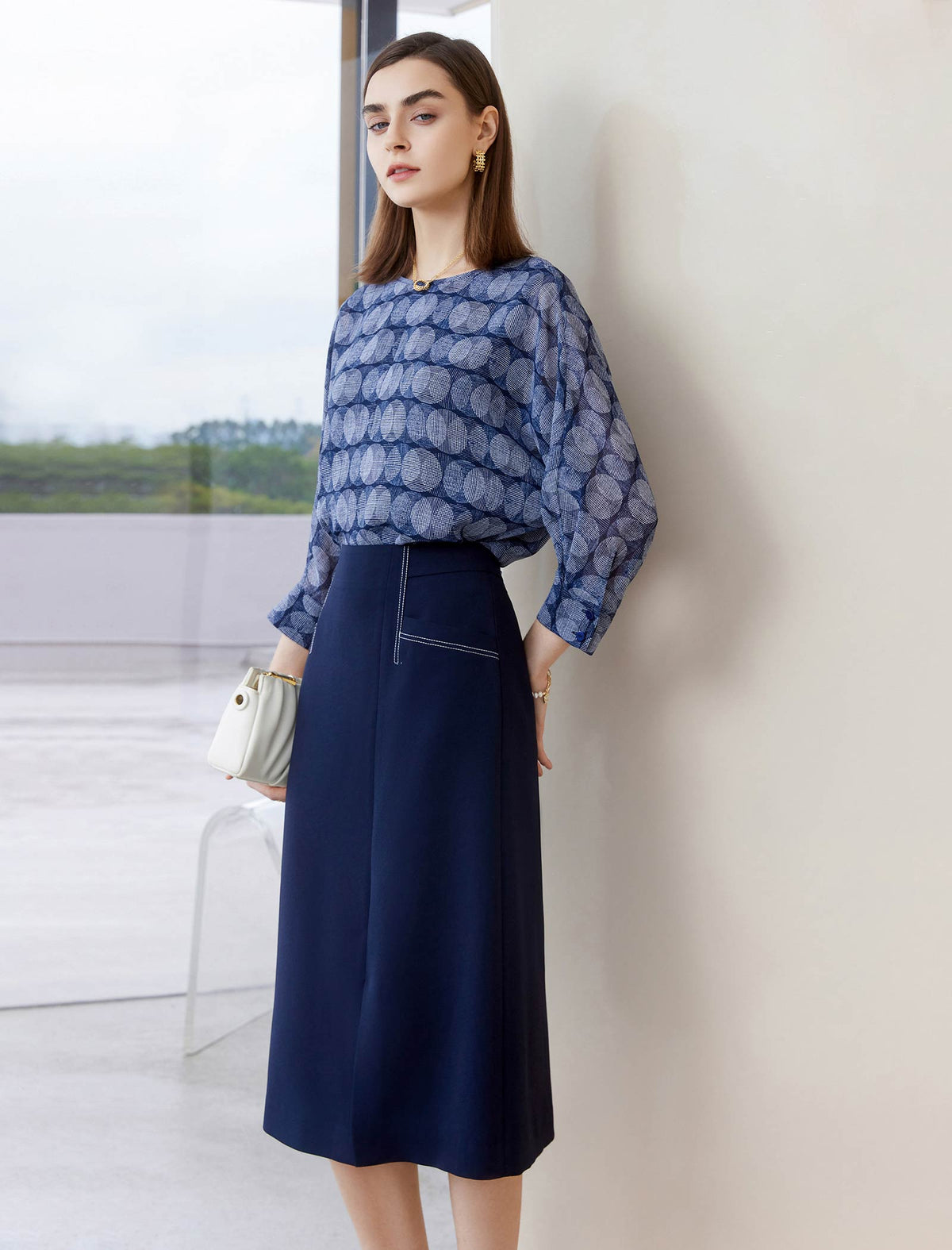 Navy Blue Side Slit Midi Pencil Skirt