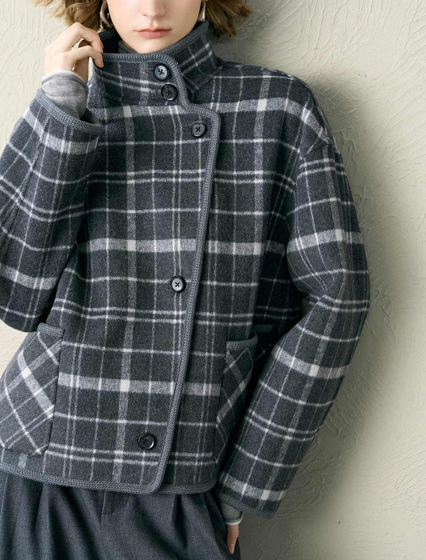 Plaid Asymmetric Design Wool-Blend Jacket