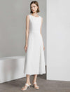 White Boat Neck Sleeveless Lace Slit Waist-Fitted Midi Dress