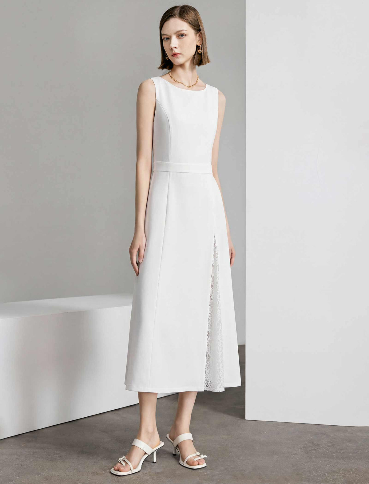 White Boat Neck Sleeveless Lace Slit Waist-Fitted Midi Dress