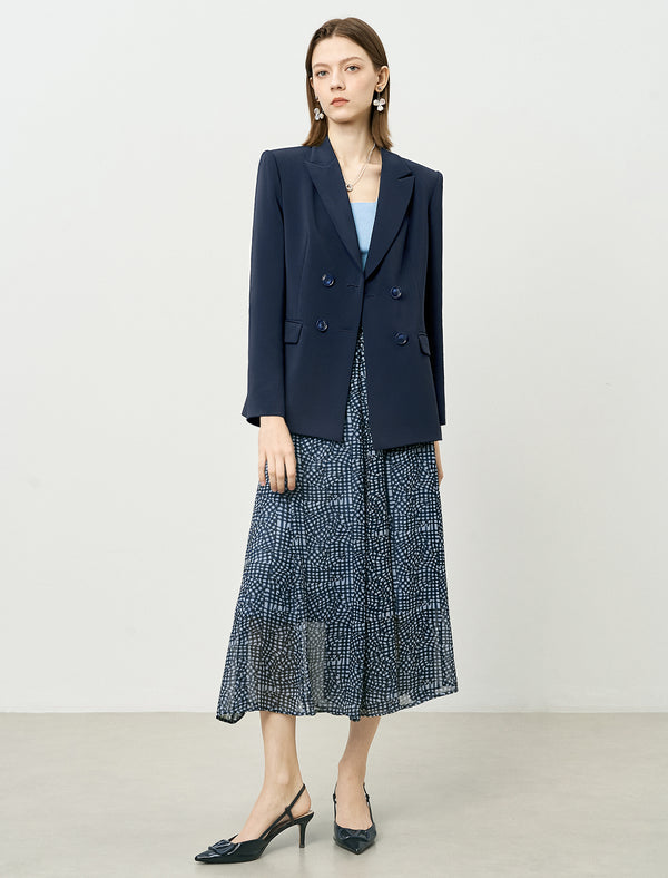 Blue Checkered Chiffon Midi Skirt