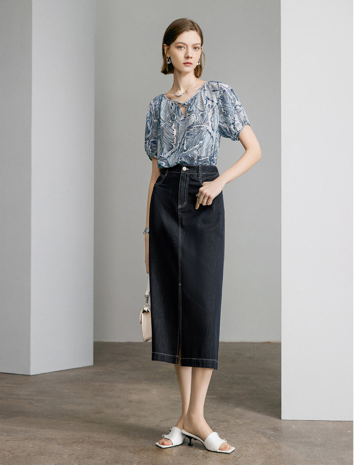 Denim Front Slit Midi Skirt