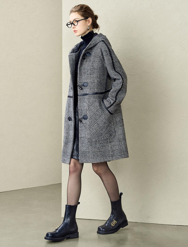 Plaid Wool-Blend Toggle Hooded Coat