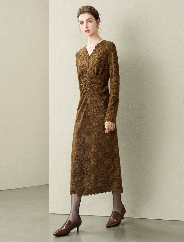 Brown Lace Ruched-Front Midi Dress
