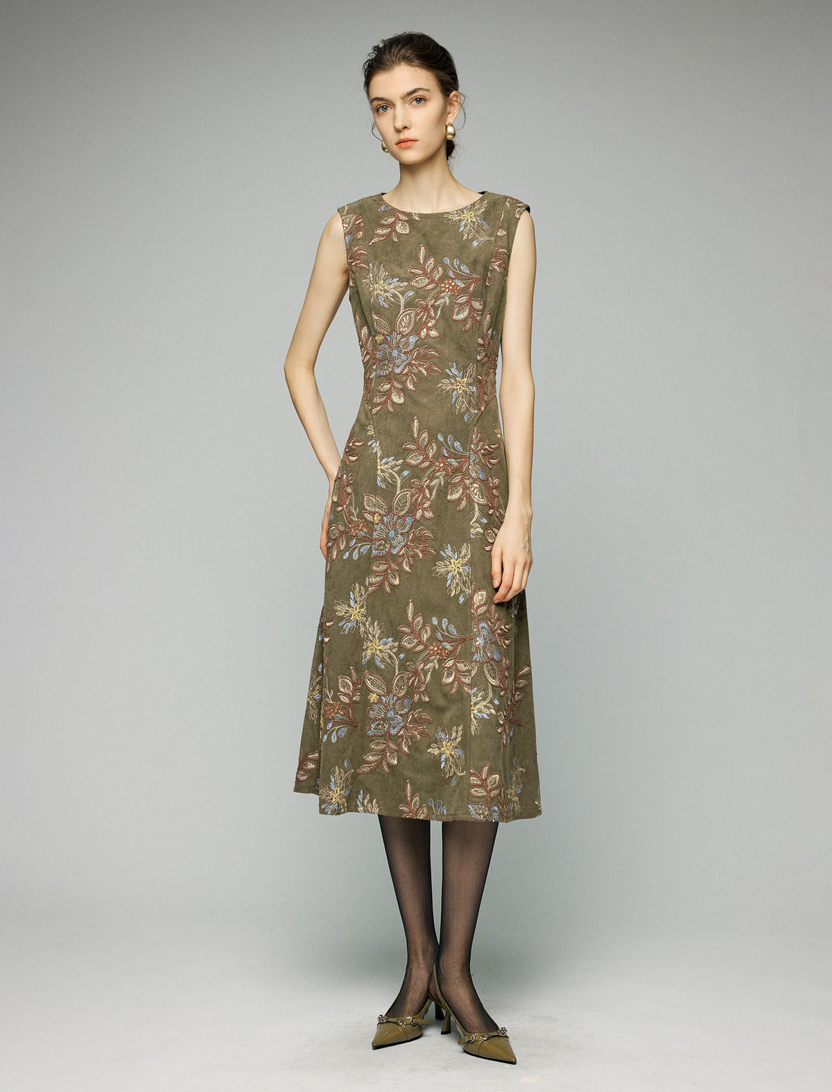 Floral Pattern Crewneck Sleeveless A-Line Midi Dress