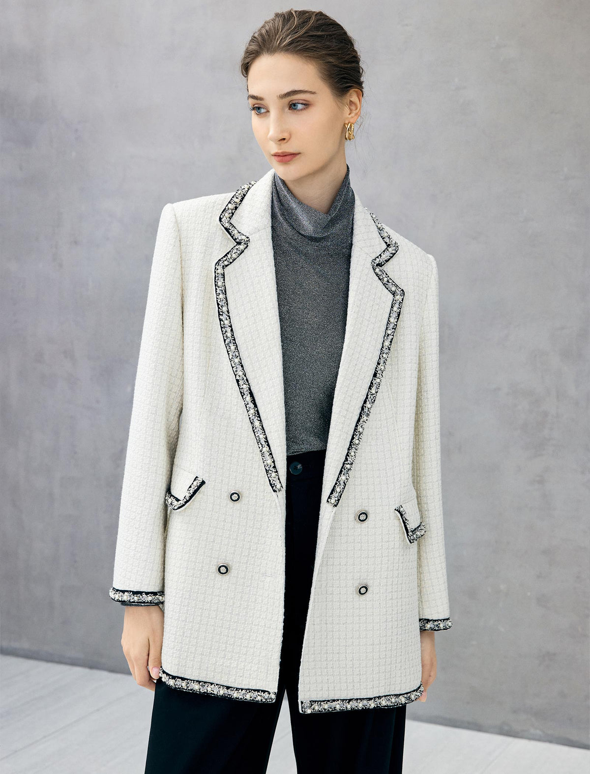 Wool Blend Braided-Trim Double-Breasted Notched-Lapel Jacket