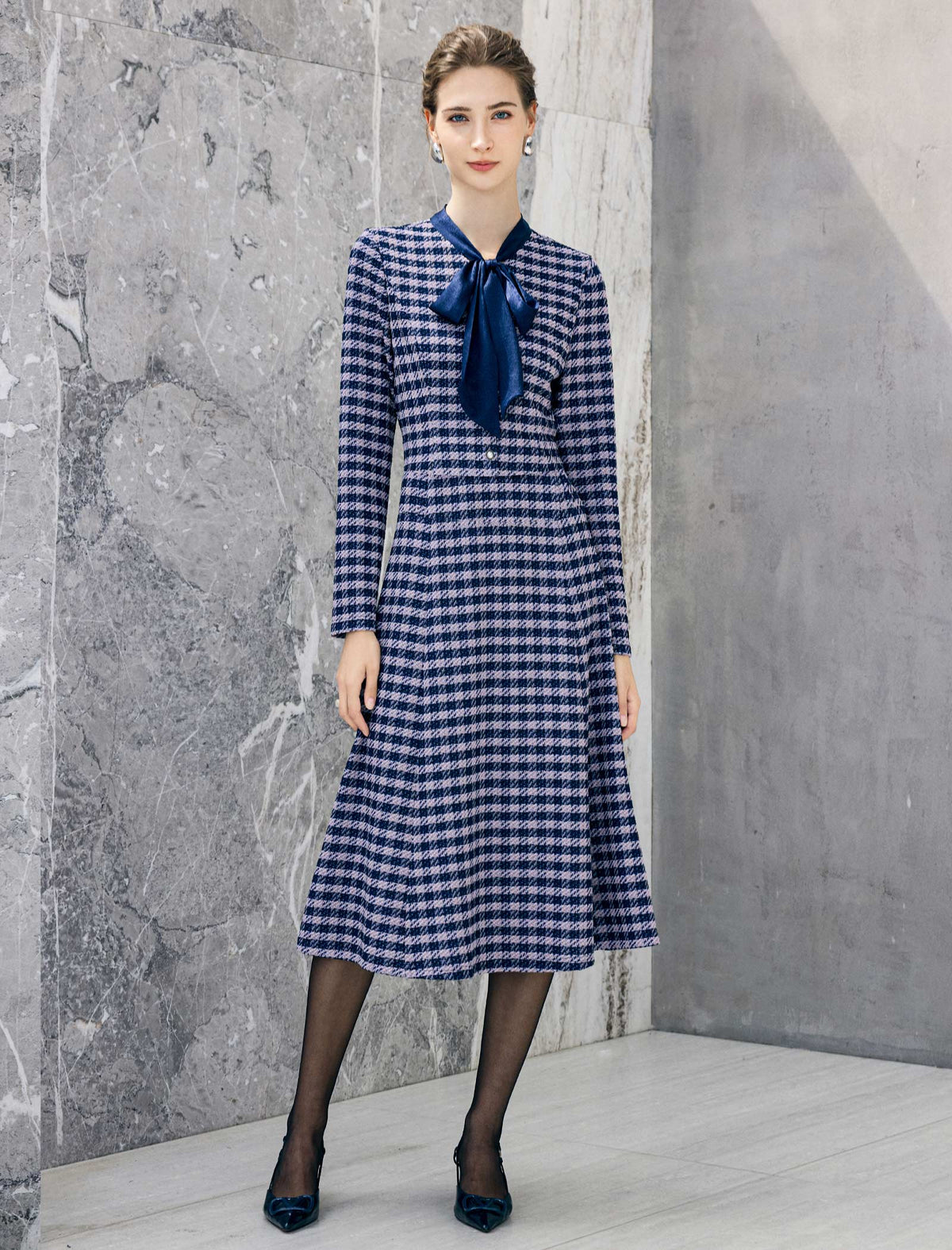 Geometric Plaid Bow Tie Long Sleeve A-Line Dress
