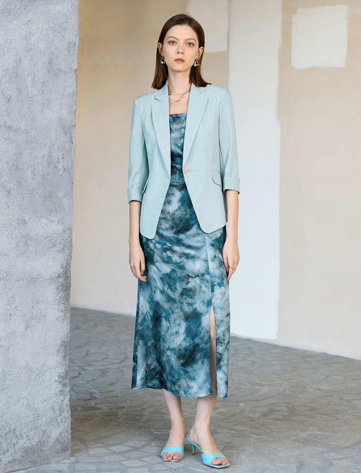 Light Mint One Button Roll Cuff 3/4 Sleeve Blazer