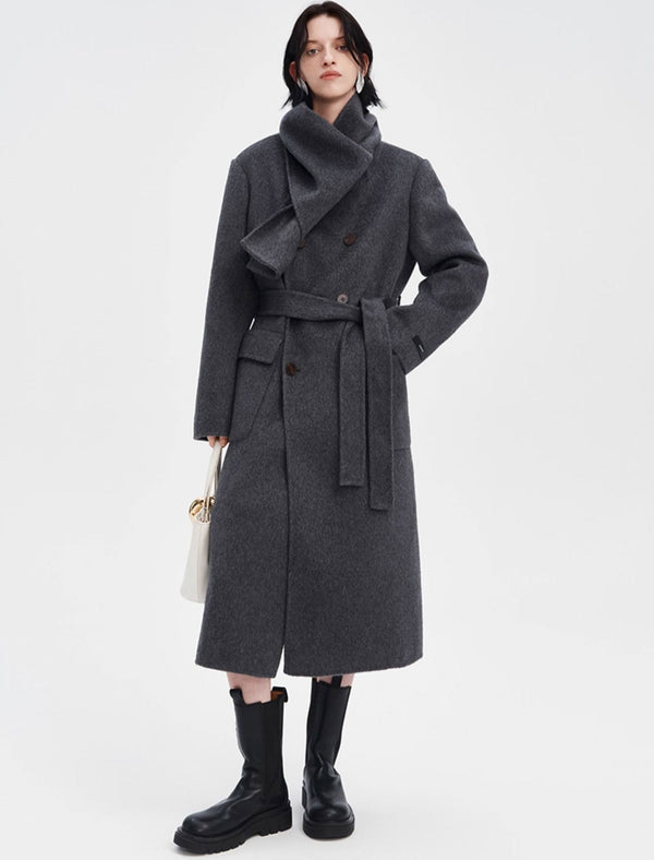 Wool-Rabbit-Alpaca Blend Double-Breasted Coat with Attached Scarf