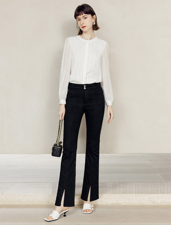 Lace Round Neck Button Front Blouse