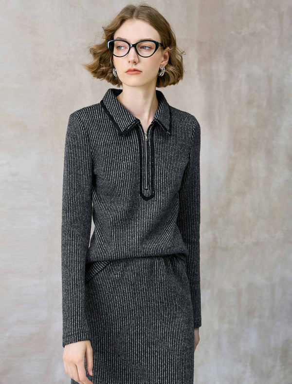 Striped Zip-Up Polo Knit Top