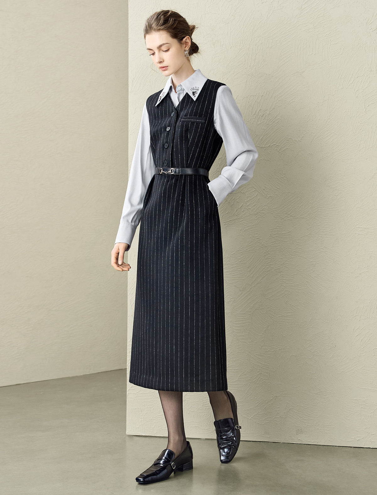 Wool-Blend V-Neck Pinstripe Sleeveless Midi Dress