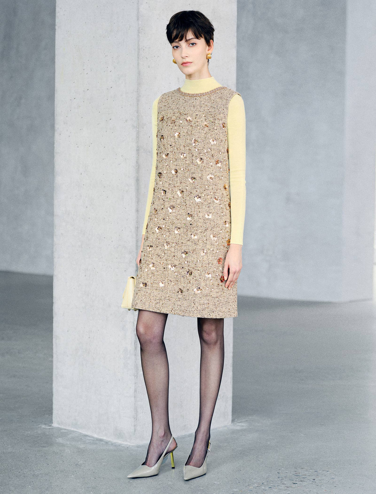 Sequin Textured Beaded Neck Sleeveless Shift Dress