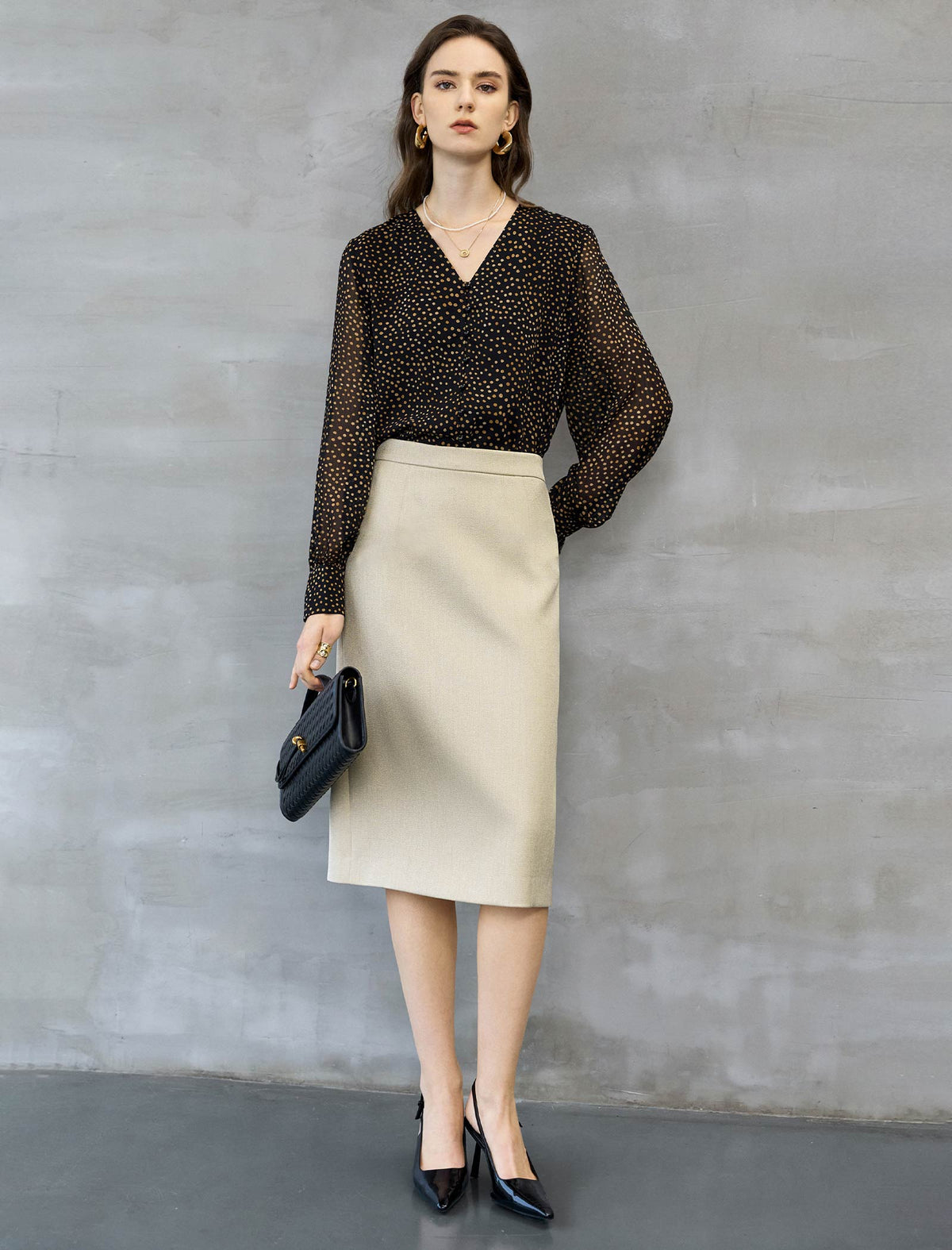 Black And Gold Dot Tie-Neck Blouse