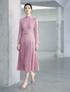 Mock Neck Belted Long Sleeve Pleated Midi Dress